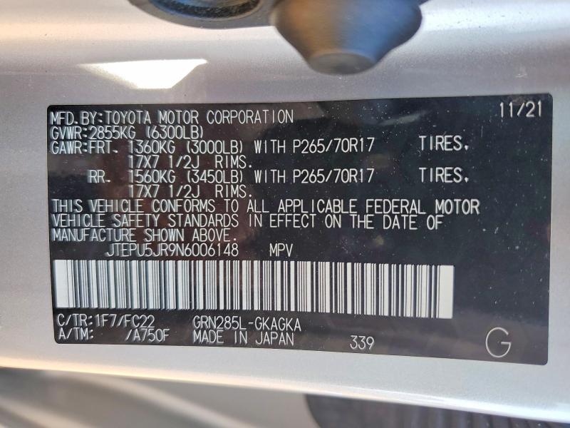 52783536 :رقم المزاد ، JTEPU5JR9N6006148 vin ، 2022 Toyota 4runner مزاد بيع