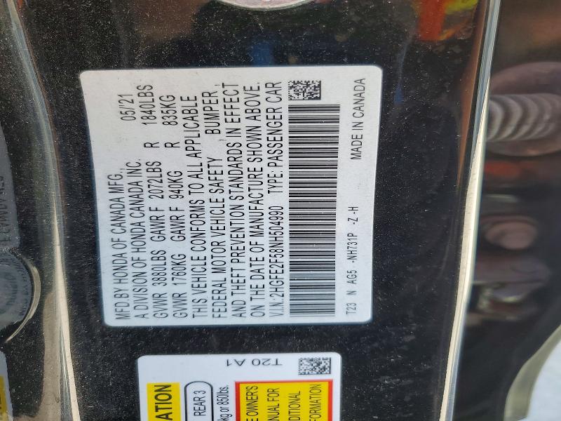 Продаж на аукціоні авто 2022 Honda Civic, vin: 2HGFE2F58NH504990, номер лоту: 52767746
