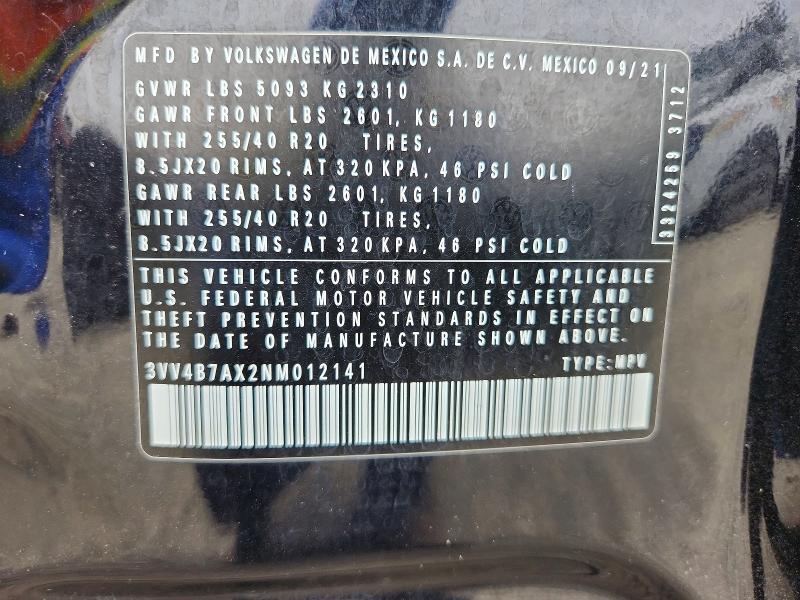 52868446 :رقم المزاد ، 3VV4B7AX2NM012141 vin ، 2022 Volkswagen Tiguan مزاد بيع