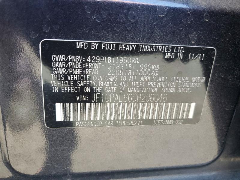 54136566 :رقم المزاد ، JF1GPAL66CH206046 vin ، 2012 Subaru Impreza مزاد بيع