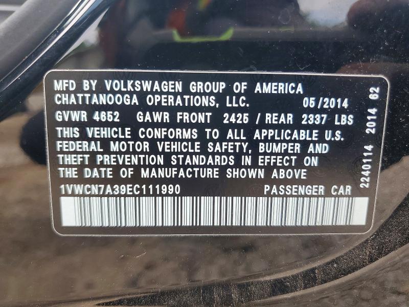 Aukcja sprzedaży 2014 Volkswagen Passat, vin: 1VWCN7A39EC111990, numer aukcji: 52641686