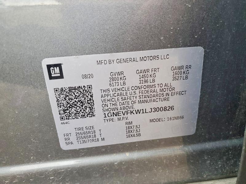 Aukcja sprzedaży 2020 Chevrolet Traverse, vin: 1GNEVFKW1LJ300826, numer aukcji: 52411126