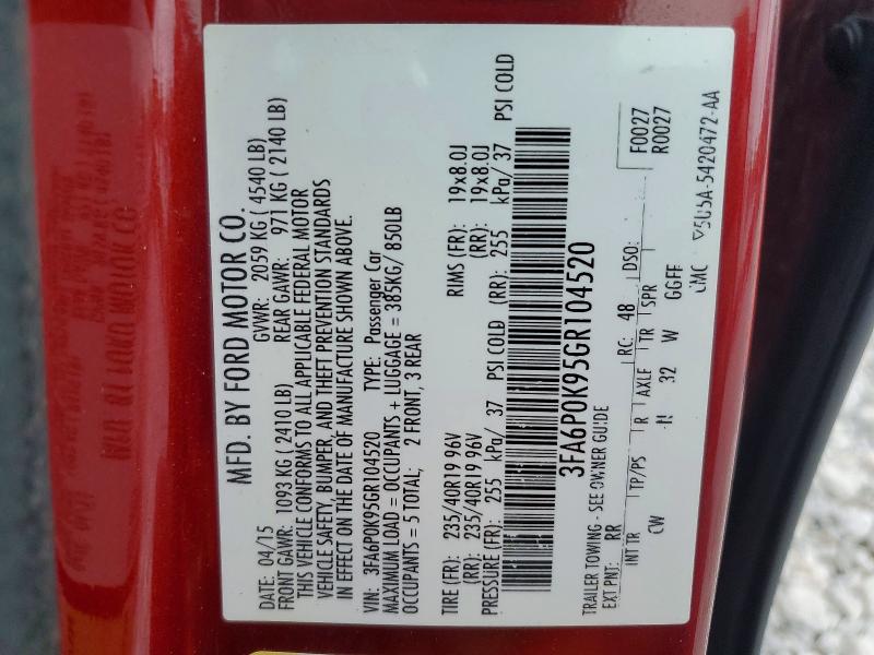 54702356 :رقم المزاد ، 3FA6P0K95GR104520 vin ، 2016 Ford Fusion مزاد بيع