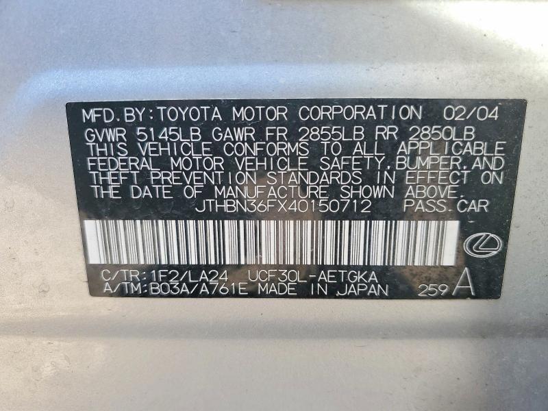 Продаж на аукціоні авто 2004 Lexus Ls, vin: JTHBN36FX40150712, номер лоту: 54219556