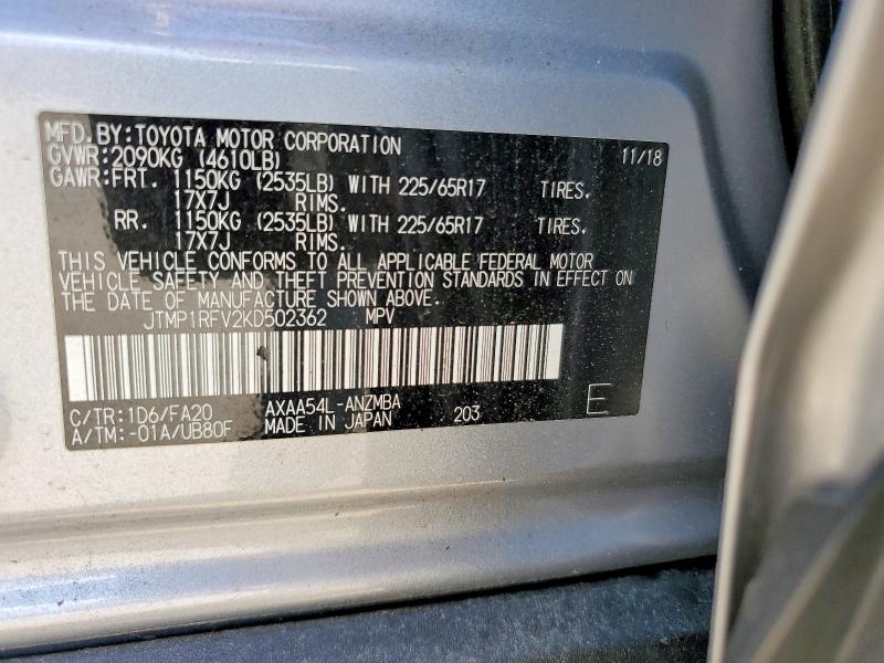 2019 Toyota Rav4 მანქანა იყიდება აუქციონზე, vin: JTMP1RFV2KD502362, აუქციონის ნომერი: 55045266