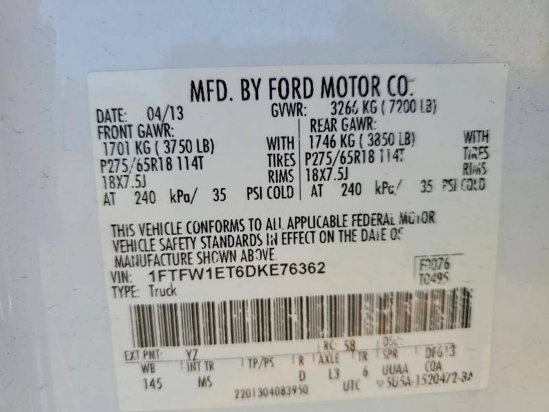 2013 Ford F150 მანქანა იყიდება აუქციონზე, vin: 1FTFW1ET6DKE76362, აუქციონის ნომერი: 52582316