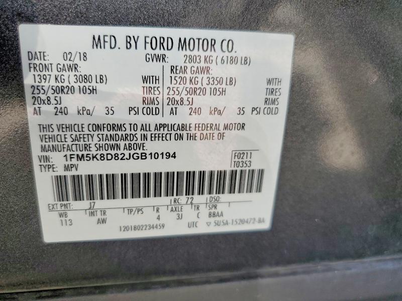 Aukcja sprzedaży 2018 Ford Explorer, vin: 1FM5K8D82JGB10194, numer aukcji: 54000756