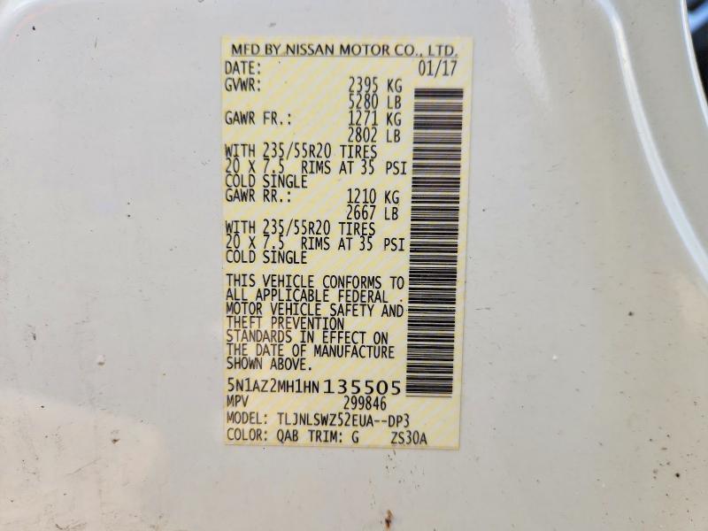 2017 Nissan Murano მანქანა იყიდება აუქციონზე, vin: 5N1AZ2MH1HN135505, აუქციონის ნომერი: 51759516