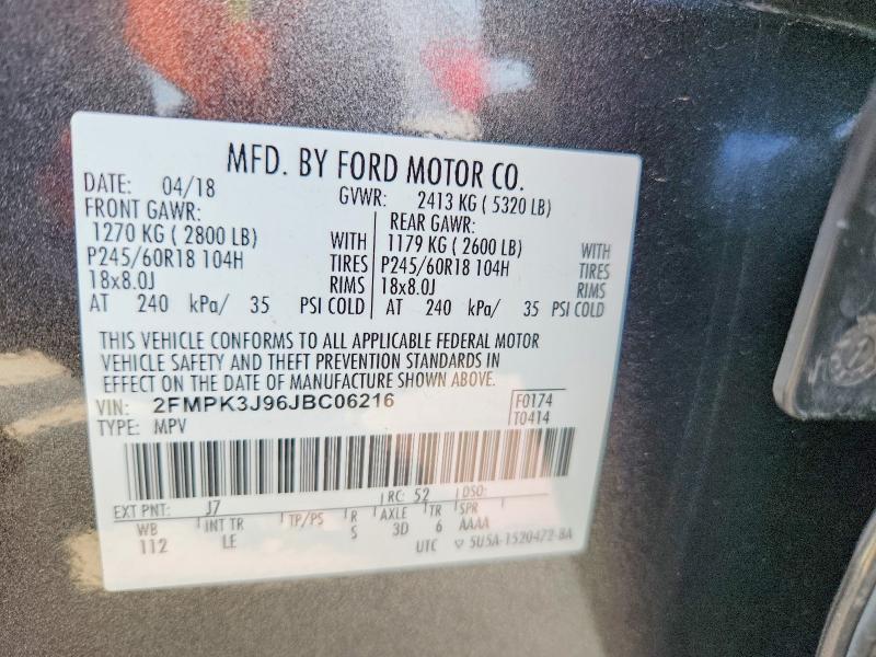 53200186 :رقم المزاد ، 2FMPK3J96JBC06216 vin ، 2018 Ford Edge مزاد بيع