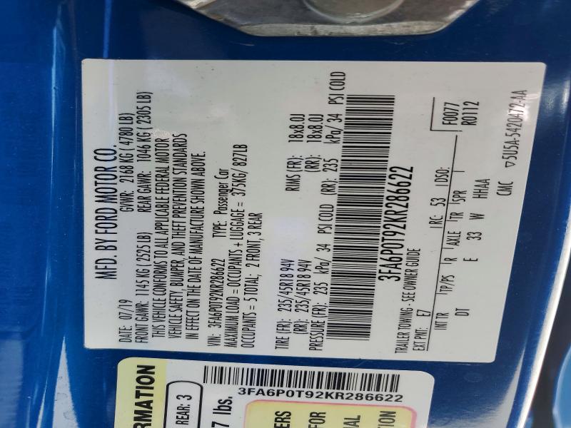 Продажа на аукционе авто 2019 Ford Fusion, vin: 3FA6P0T92KR286622, номер лота: 53596926