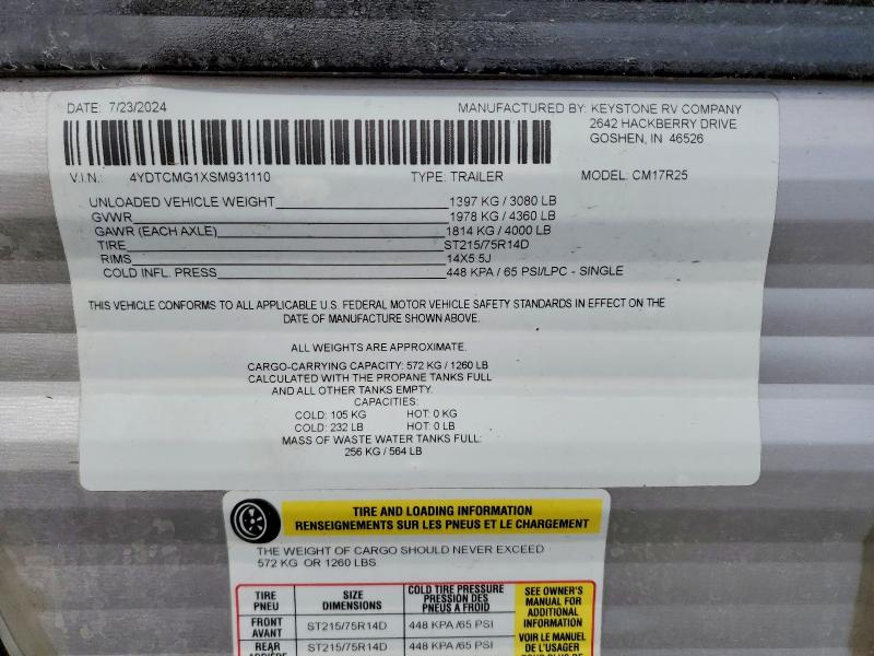 51518786 :رقم المزاد ، 4YDTCMG1XSM931110 vin ، 2025 Keystone Rv Coleman مزاد بيع