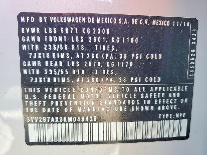 Продаж на аукціоні авто 2019 Volkswagen Tiguan, vin: 3VV2B7AX3KM048438, номер лоту: 53075166