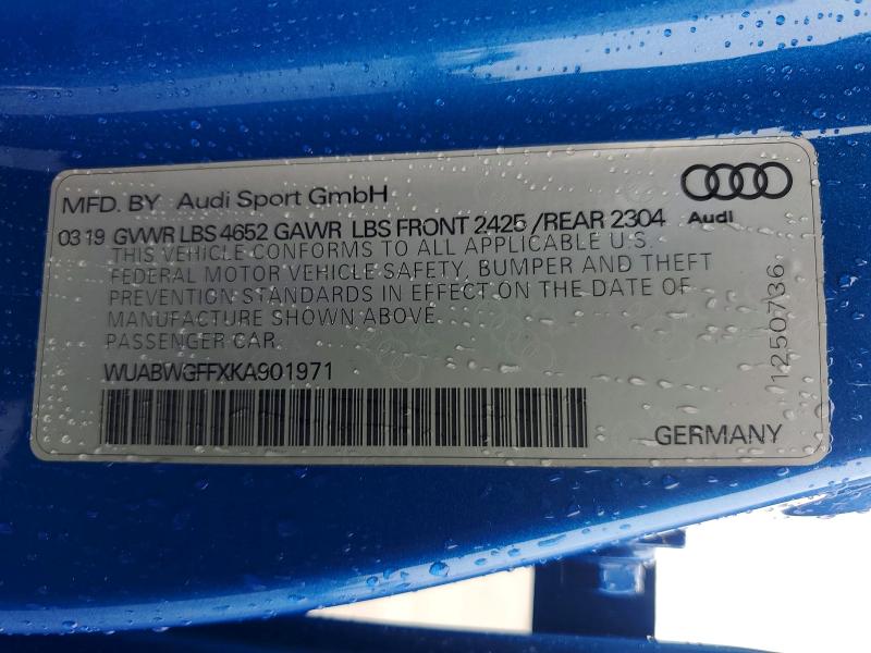 2019 Audi Rs3 მანქანა იყიდება აუქციონზე, vin: WUABWGFFXKA901971, აუქციონის ნომერი: 53754576
