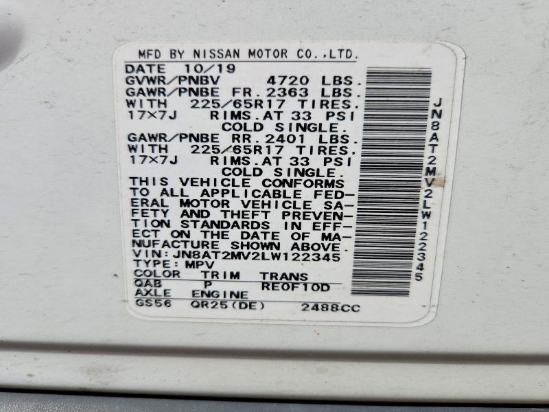 54999616 :رقم المزاد ، JN8AT2MV2LW122345 vin ، 2020 Nissan Rogue مزاد بيع