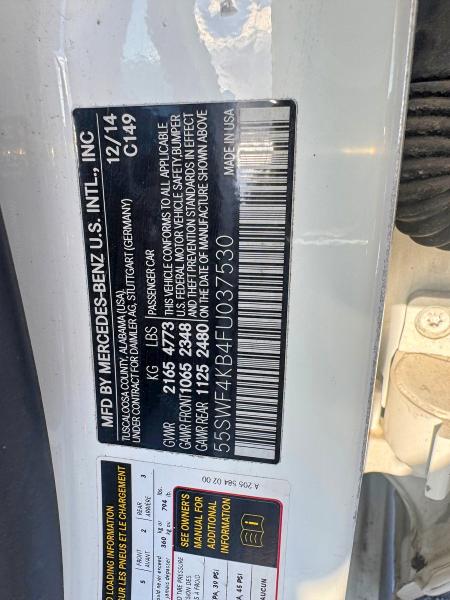 2015 Mercedes-benz C მანქანა იყიდება აუქციონზე, vin: 55SWF4KB4FU037530, აუქციონის ნომერი: 53472576