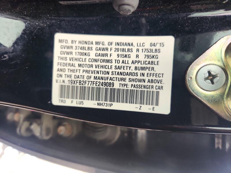 Продаж на аукціоні авто 2015 Honda Civic, vin: 19XFB2F77FE249089, номер лоту: 54207466