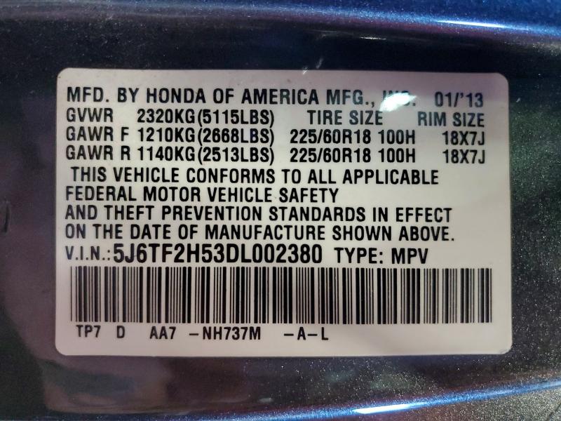2013 Honda Crosstour მანქანა იყიდება აუქციონზე, vin: 5J6TF2H53DL002380, აუქციონის ნომერი: 55337216