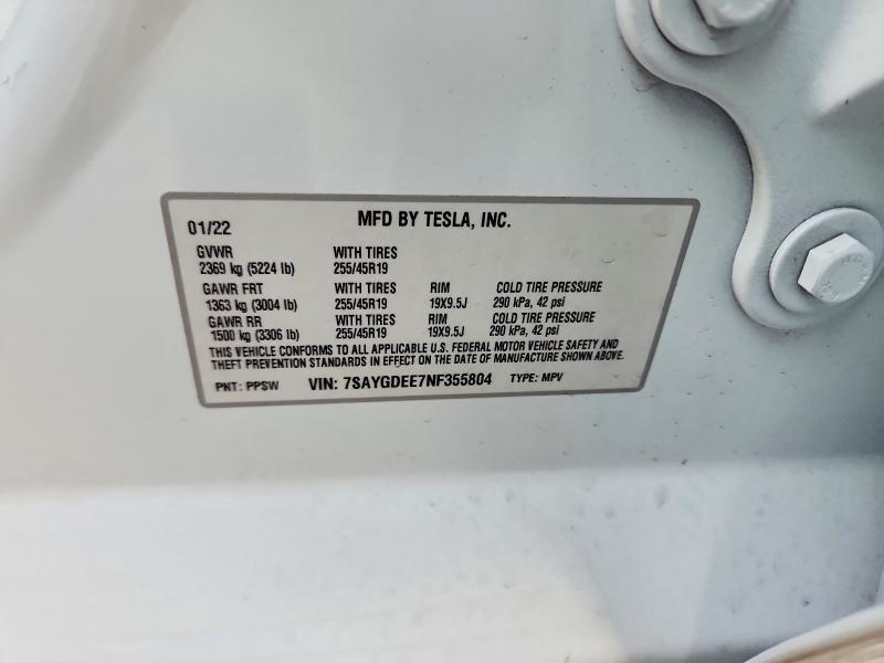 2022 Tesla Model Y მანქანა იყიდება აუქციონზე, vin: 7SAYGDEE7NF355804, აუქციონის ნომერი: 51920476