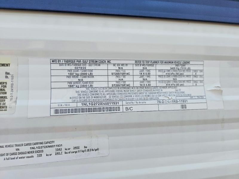 2022 Gulf Stream Ameri-lite მანქანა იყიდება აუქციონზე, vin: 1NL1G272XN6011931, აუქციონის ნომერი: 52835426