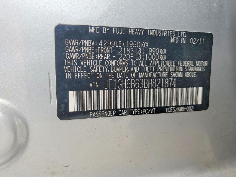 Продажа на аукционе авто 2011 Subaru Impreza, vin: JF1GH6B63BH821874, номер лота: 52431876