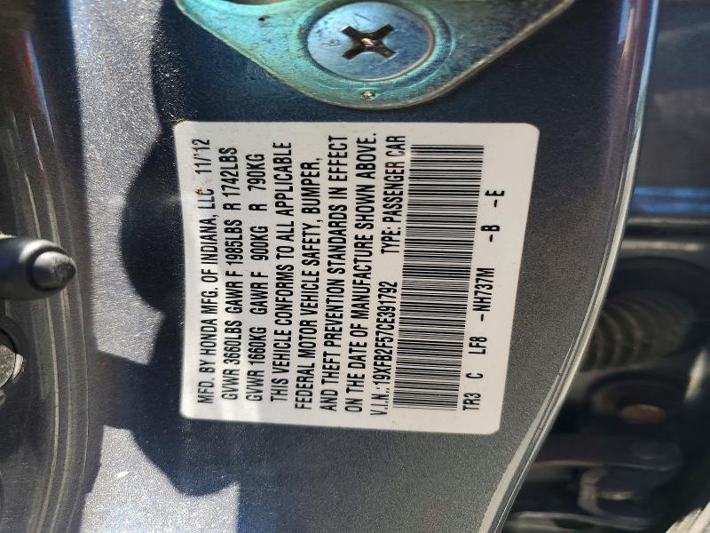 54387716 :رقم المزاد ، 19XFB2F57CE391792 vin ، 2012 Honda Civic مزاد بيع