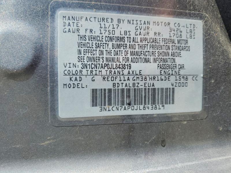 Продаж на аукціоні авто 2018 Nissan Versa, vin: 3N1CN7AP0JL843819, номер лоту: 54187056