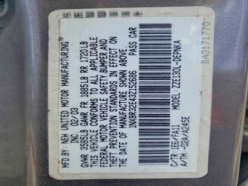 54158516 :رقم المزاد ، 1NXBR32E43Z152686 vin ، 2003 Toyota Corolla مزاد بيع