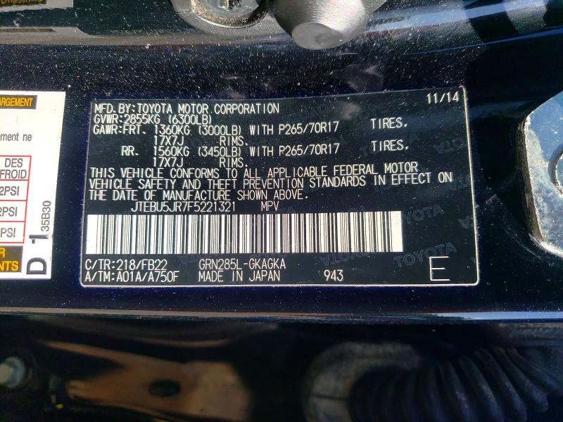 Продаж на аукціоні авто 2015 Toyota 4runner, vin: JTEBU5JR7F5221321, номер лоту: 53587966