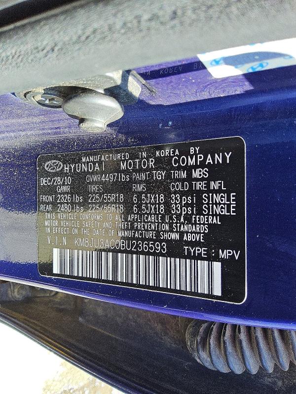 2011 Hyundai Tucson მანქანა იყიდება აუქციონზე, vin: KM8JU3AC0BU236593, აუქციონის ნომერი: 51572516