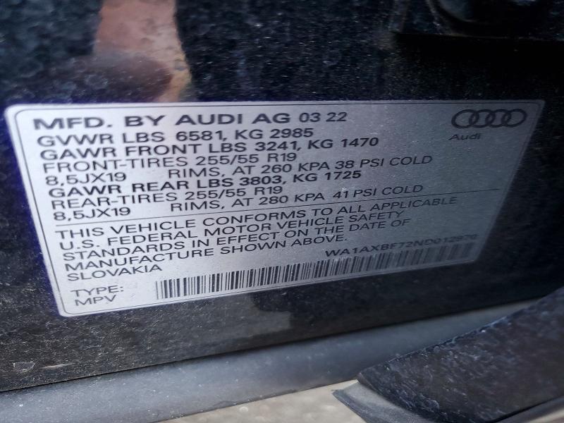 2022 Audi Q7 მანქანა იყიდება აუქციონზე, vin: WA1AXBF72ND012970, აუქციონის ნომერი: 53010066