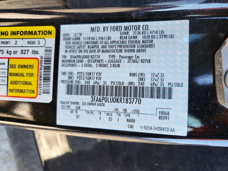 Продаж на аукціоні авто 2019 Ford Fusion, vin: 3FA6P0LU0KR183770, номер лоту: 52795736