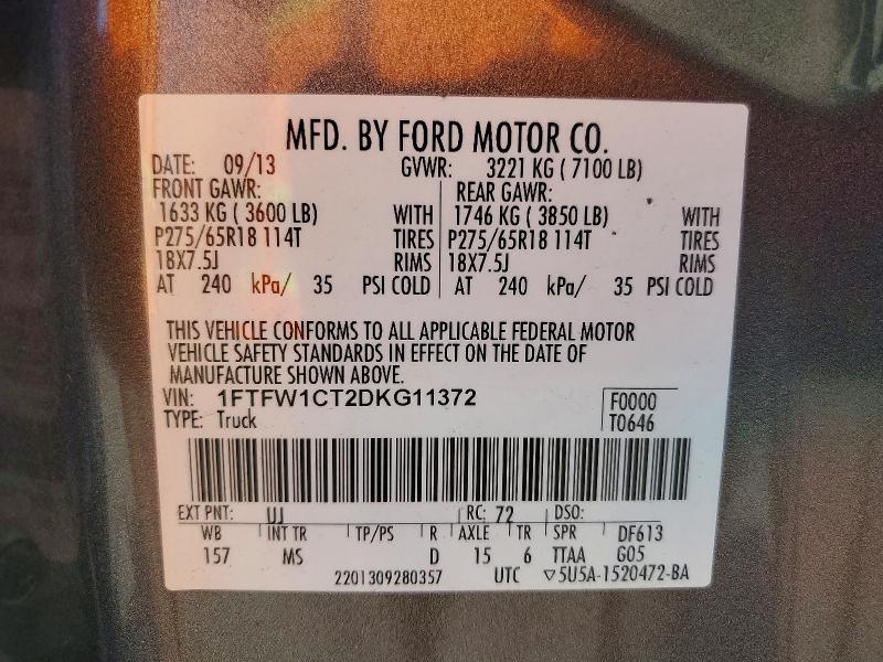53910746 :رقم المزاد ، 1FTFW1CT2DKG11372 vin ، 2013 Ford F150 مزاد بيع