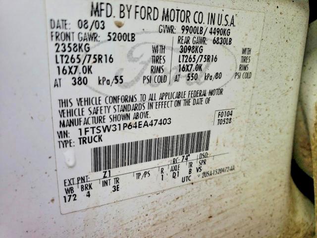 2004 Ford F350 მანქანა იყიდება აუქციონზე, vin: 1FTSW31P64EA47403, აუქციონის ნომერი: 51909786