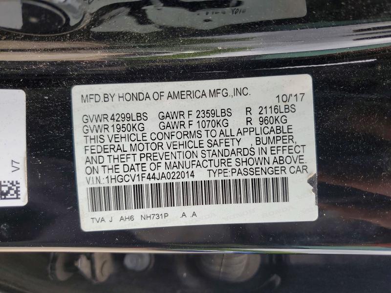 2018 Honda Accord მანქანა იყიდება აუქციონზე, vin: 1HGCV1F44JA022014, აუქციონის ნომერი: 52829316