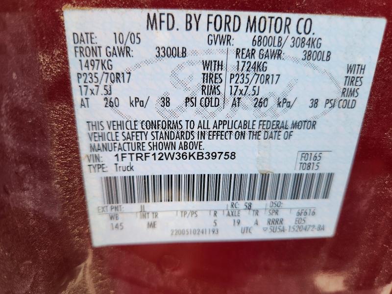 2006 Ford F150 მანქანა იყიდება აუქციონზე, vin: 1FTRF12W36KB39758, აუქციონის ნომერი: 52952006