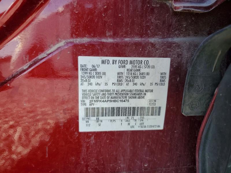 2017 Ford Edge მანქანა იყიდება აუქციონზე, vin: 2FMPK4AP5HBC16475, აუქციონის ნომერი: 54013656