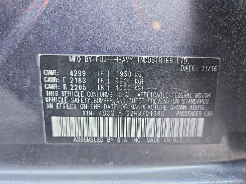 53456976 :رقم المزاد ، 4S3GTAT62H3701385 vin ، 2017 Subaru Impreza مزاد بيع