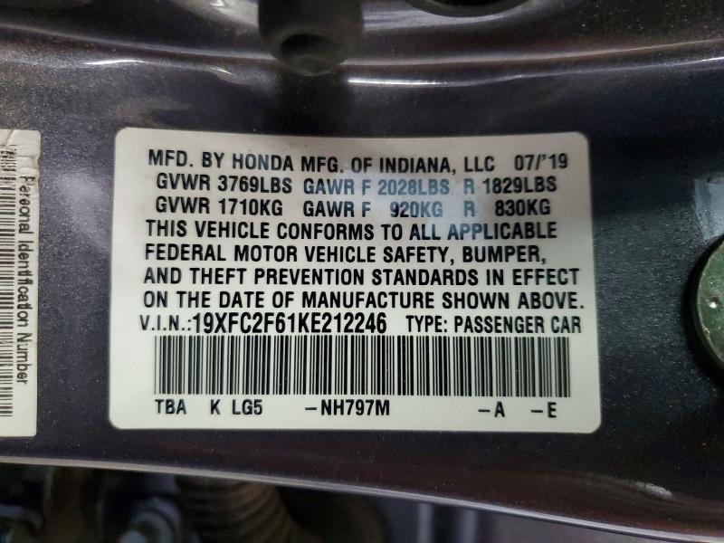 52368956 :رقم المزاد ، 19XFC2F61KE212246 vin ، 2019 Honda Civic مزاد بيع