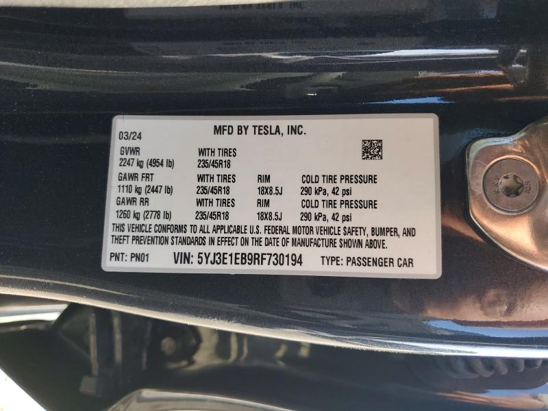 Продаж на аукціоні авто 2024 Tesla Model 3, vin: 5YJ3E1EB9RF730194, номер лоту: 53581276