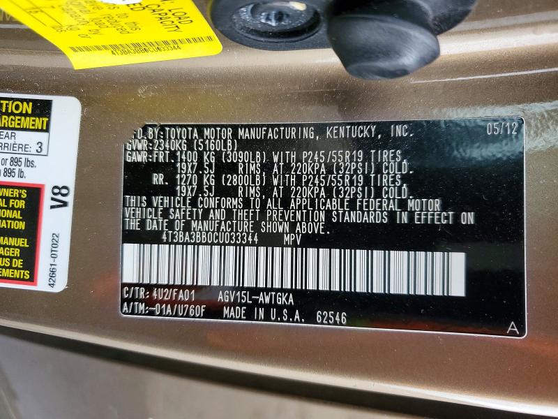 Продажа на аукционе авто 2012 Toyota Venza, vin: 4T3BA3BB0CU033344, номер лота: 52994986