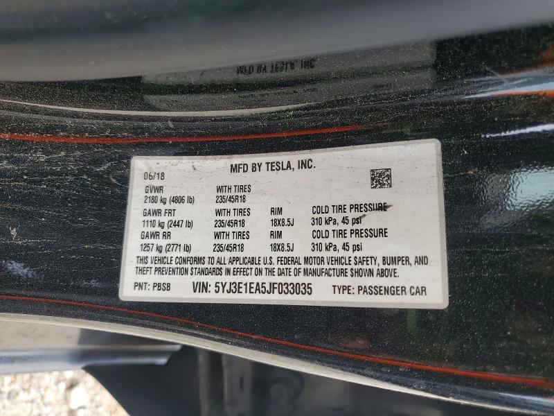 2018 Tesla Model 3 მანქანა იყიდება აუქციონზე, vin: 5YJ3E1EA5JF033035, აუქციონის ნომერი: 54657306