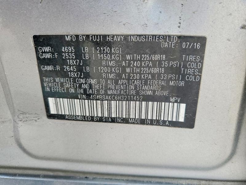 2017 Subaru Outback მანქანა იყიდება აუქციონზე, vin: 4S4BSAKC6H3211452, აუქციონის ნომერი: 52684786
