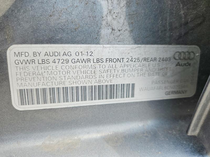 2012 Audi A4 მანქანა იყიდება აუქციონზე, vin: WAUAFAFL8CN020544, აუქციონის ნომერი: 54312136