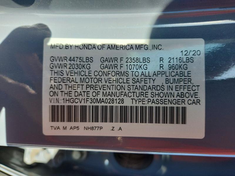 2021 Honda Accord მანქანა იყიდება აუქციონზე, vin: 1HGCV1F30MA028128, აუქციონის ნომერი: 54022606