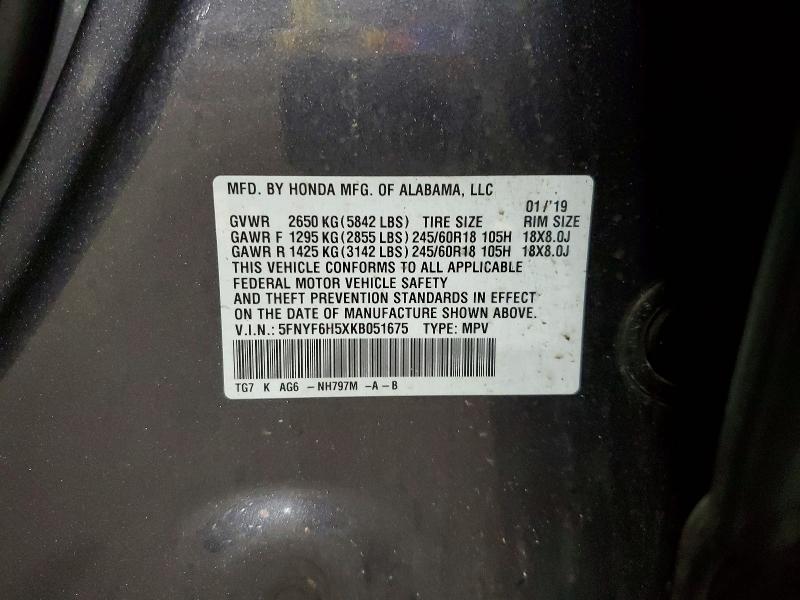 53448306 :رقم المزاد ، 5FNYF6H5XKB051675 vin ، 2019 Honda Pilot مزاد بيع