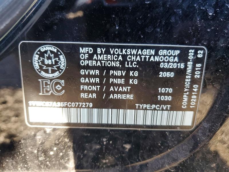 Aukcja sprzedaży 2015 Volkswagen Passat, vin: 1VWCS7A35FC077279, numer aukcji: 51104776