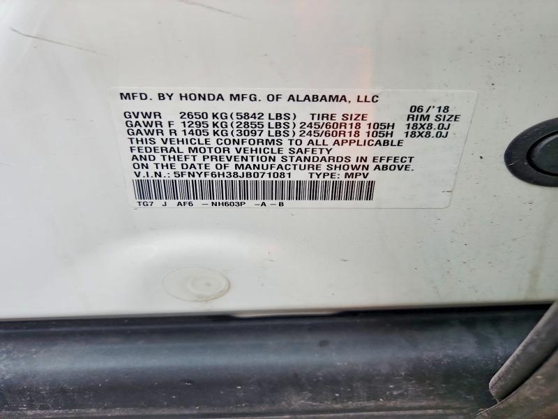2018 Honda Pilot მანქანა იყიდება აუქციონზე, vin: 5FNYF6H38JB071081, აუქციონის ნომერი: 54619706