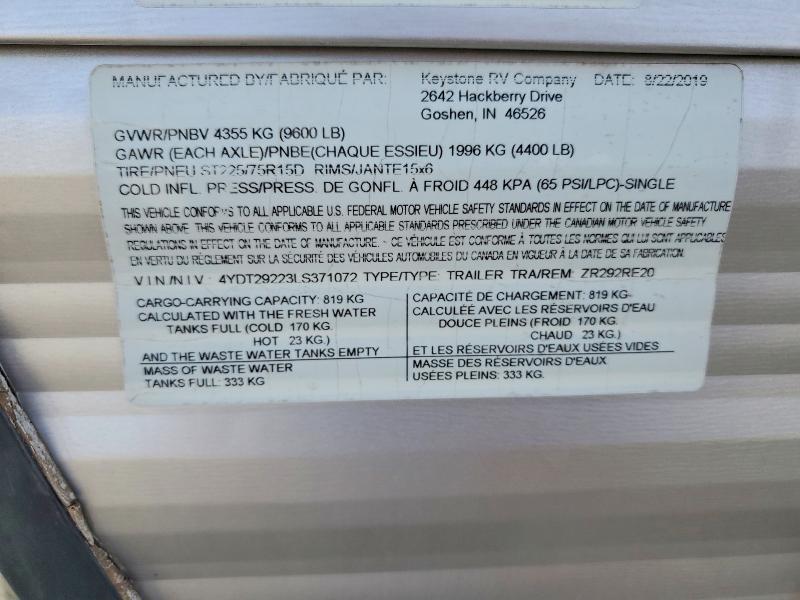 Продаж на аукціоні авто 2020 Keystone Zinger, vin: 4YDT29223LS371072, номер лоту: 51498686