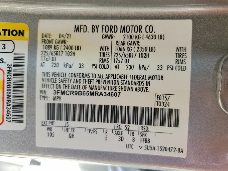 Продажа на аукционе авто 2021 Ford Bronco Sport, vin: 3FMCR9B65MRA34607, номер лота: 52743516