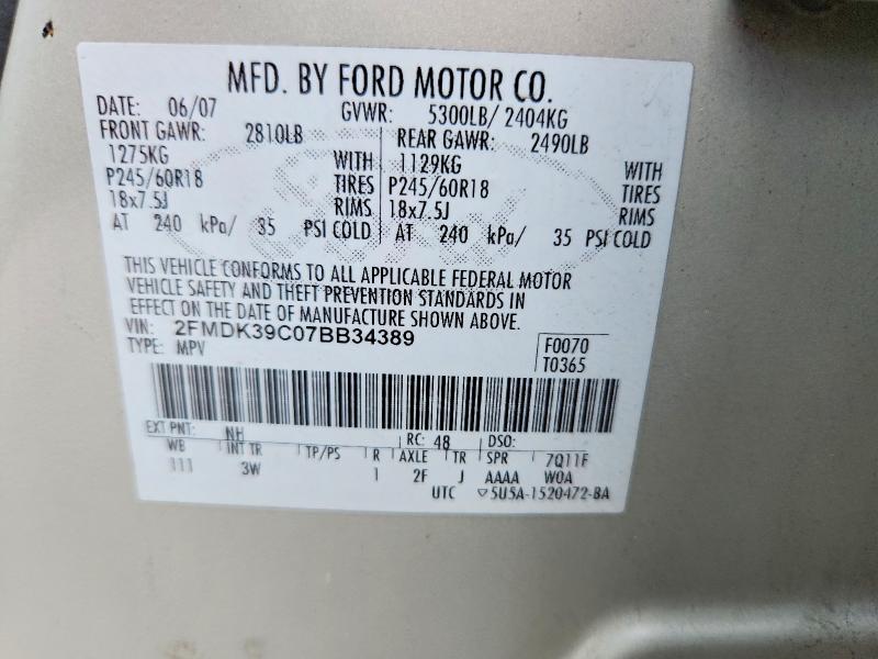 54048256 :رقم المزاد ، 2FMDK39C07BB34389 vin ، 2007 Ford Edge مزاد بيع